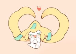  1other :d blush closed_eyes colored_skin commentary_request floating full_body heart jirachi kurumi_dangoo looking_at_viewer open_mouth orange_background other_focus pokemon pokemon_(creature) simple_background smile solo tanzaku white_skin 