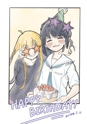  2girls ahoge birthday_cake black_hair black_shirt blonde_hair blue_neckerchief cake chiino_exe cho_kaguya-hime! closed_eyes commentary dated food happy_birthday hat highres kaguya_(cho_kaguya-hime!) logo long_hair multiple_girls neckerchief party_hat sakayori_iroha school_uniform serafuku shirt short_hair untranslatable_commentary w white_shirt 