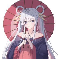  1girl bare_shoulders blue_eyes blue_kimono blunt_bangs blush cho_kaguya-hime! closed_mouth commentary_request congroo criss-cross_halter frilled_sleeves frills grey_hair hair_ornament hair_rings hair_stick halterneck highres holding holding_umbrella japanese_clothes kimono long_hair long_sleeves looking_at_viewer off_shoulder oil-paper_umbrella purple_kimono red_umbrella runami_yachiyo sidelocks simple_background smile solo twintails umbrella umbrella_over_shoulder upper_body white_background wide_sleeves 