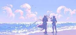  2boys bandana beach bird blue_sky boots camera clouds cloudy_sky commentary commentary_request deimos_(madness_combat) from_behind fur_trim gilding-the-time gloves headband highres holding holding_camera humanization long_coat madness_combat male_focus multiple_boys ocean outdoors sanford_(madness_combat) sky water 
