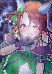  1girl animal_ears bare_shoulders black_gloves blush bow breasts brown_hair buttons coat commentary_request double-breasted dress ear_bow ear_covers ear_ribbon emphasis_lines gloves green_bow green_dress horse_ears horse_girl king_halo_(king_of_emeralds)_(umamusume) king_halo_(umamusume) leaning_forward long_hair looking_at_viewer off-shoulder_coat off_shoulder open_mouth red_eyes solo sweat umamusume yoshiharu_izumi 