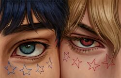  2boys adoptive_siblings artist_name black_hair blonde_hair blue_eyes blue_hair close-up eye_focus eyelashes face_print facepaint heads_together highres jojo_no_kimyou_na_bouken jonathan_joestar looking_at_viewer male_focus mechimun_jojo multiple_boys phantom_blood red_eyes siblings star_(symbol) star_print 