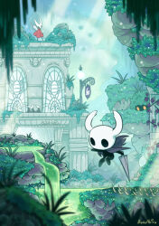  1girl 1other acid bano_akira black_skin bush cloak colored_skin commentary greenpath grey_cloak hollow_knight horned_mask hornet_(hollow_knight) jumping knight_(hollow_knight) mask maskfly_(hollow_knight) mosscreep_(hollow_knight) nail_(hollow_knight) needle_(hollow_knight) plant red_cloak sign white_mask window 