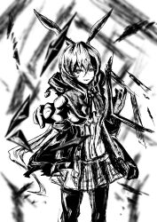  1girl amiya_(arknights) animal_ears arknights ascot commentary_request feet_out_of_frame floating floating_object greyscale hair_between_eyes highres hood hood_down hooded_jacket jacket jewelry long_hair long_sleeves looking_at_viewer monochrome open_clothes open_jacket originium_arts_(arknights) pantyhose parted_lips plaid_clothes plaid_skirt pleated_skirt pointing pointing_at_viewer ponytail rabbit_ears rabbit_girl shirt simple_background sketch skirt smile solo standing white_background zhuang_yu_pizza 