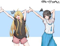  +++ 2girls absurdres ahoge arms_up black_hair black_shirt blonde_hair blue_skirt blush cho_kaguya-hime! commentary_request cowboy_shot dancing green_eyes highres kaguya_(cho_kaguya-hime!) keu_sekihaku looking_at_viewer mole mole_under_eye multiple_girls pink_shorts pleated_skirt sailor_collar sakayori_iroha shirt short_sleeves shorts skirt squiggle translation_request white_shirt 