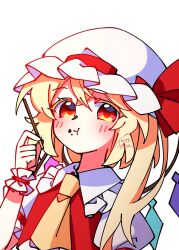  1girl ascot blonde_hair collared_shirt commentary_request crystal crystal_wings eating flandre_scarlet food food_on_face frilled_shirt_collar frilled_wrist_cuffs frills hat hat_ribbon highres holding holding_food holding_pocky illust_atelier3 mob_cap multicolored_wings one-hour_drawing_challenge one_side_up pocky puffy_short_sleeves puffy_sleeves red_eyes red_vest red_wrist_cuffs ribbon shirt short_sleeves simple_background solo touhou vest white_background white_hat white_shirt wings wrist_cuffs yellow_ascot 