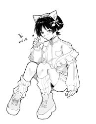  1boy :p alternate_costume animal_ear_hairband animal_ears animal_print arm_at_side blunt_ends bow casual cat_ears cat_hair_ornament cat_print choppy_bangs claw_pose commentary contemporary cross-laced_shoes dated fafa_nofa3 fake_animal_ears frilled_hairband frills full_body genshin_impact greyscale hair_bow hair_ornament hairband hairclip hand_up heart highres jacket knees_together_feet_apart loose_socks male_focus middle_ring monochrome ribbed_socks scaramouche_(genshin_impact) shoes shorts sitting socks solo tongue tongue_out track_jacket translated tsurime turtleneck turtleneck_jacket white_background 