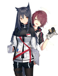  2girls :d angel animal_ear_fluff animal_ears arknights bangeningmeng black_capelet black_hair black_shorts breasts brown_eyes capelet coffee_mug commentary_request cowboy_shot cup detached_wings exusiai_(arknights) food gloves hair_between_eyes hair_over_one_eye halo holding holding_cup holding_food id_card jacket long_hair long_sleeves looking_at_another mug multiple_girls name_tag one_eye_closed open_mouth pantyhose penguin_logistics_logo raglan_sleeves red_hair short_hair short_shorts shorts simple_background smile standing tail texas_(arknights) white_background white_jacket wings wolf_ears wolf_girl wolf_tail 