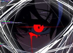  1girl 2io1lo black_hair blood blood_from_eyes blue_streaks close-up commentary english_commentary eye_focus glitch glowing glowing_eye glowing_eyes highres limbus_company looking_at_viewer multicolored_hair pinky_(identity)_(project_moon) project_moon red_eyes ryoshu_(project_moon) solo streaked_hair 