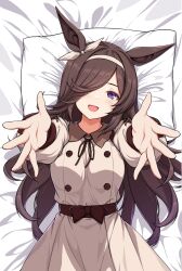  animal_ears blush bow_hairband breasts brown_dress brown_hair brown_hairband brown_ribbon casual collared_dress commentary dress english_commentary flipped_hair hair_over_one_eye hairband highres horse_ears horse_girl long_hair long_sleeves looking_at_viewer lying official_alternate_costume on_back open_mouth outstretched_arms pillow ribbon rice_shower_(casual)_(umamusume) rice_shower_(umamusume) sheita small_breasts smile solo umamusume violet_eyes white_hairband 