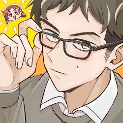  1boy 1girl adjusting_eyewear blush braid brown_eyes brown_hair chibi chibi_inset collared_shirt commentary_request eyebrow_cut fade_(haircut) futsuu_no_keion-bu glasses grey_sweater highres mera0802 shirt solo_focus sweater tohno_gen twin_braids uchida_momo white_shirt 