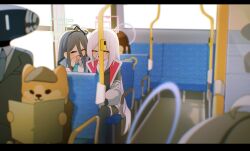  2girls :d absurdres aqua_halo black_hair black_hairband black_thighhighs blue_archive blue_necktie bus_interior double-parted_bangs hair_between_eyes hairband halo highres jacket kei_(blue_archive) kei_(new_body)_(blue_archive) long_hair long_hair_between_eyes multicolored_jacket multiple_girls necktie open_mouth people pink_halo rectangular_halo shibumenigai smile thigh-highs two-tone_jacket very_long_hair white_jacket window 