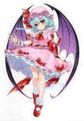  1girl ascot back_bow bat_wings blue_hair blush bow breasts brooch chacham closed_mouth collared_shirt commentary frilled_shirt_collar frilled_wrist_cuffs frills full_body hat hat_ribbon jewelry looking_at_viewer medium_hair mob_cap pink_hat pink_shirt pink_skirt red_ascot red_bow red_eyes red_shoes red_wrist_cuffs remilia_scarlet ribbon shirt shoes simple_background skirt skirt_bow skirt_set small_breasts smile socks solo touhou twitter_username watermark white_background white_socks wings wrist_cuffs 
