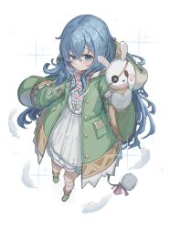  1girl absurdres blue_eyes blue_hair blush coat commentary date_a_live dress floating_hair foreshortening frilled_dress frills full_body green_coat green_shoes hand_puppet highres himekawa_yoshino hood hood_down hooded_coat korean_commentary long_hair long_sleeves looking_at_viewer neck_ribbon ninternet_ghost open_clothes open_coat parted_lips pink_ribbon puppet rabbit_puppet ribbon shoes signature simple_background solo standing upturned_eyes very_long_hair white_background white_dress yoshinon 
