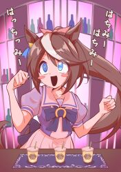  1girl @_@ absurdres animal_ears blue_eyes blush blush_stickers bow bowtie breasts brown_hair commentary_request cup disposable_cup drinking_straw hair_between_eyes high_ponytail highres horse_ears horse_girl horse_tail long_hair mokichi3356 multicolored_hair open_mouth pleated_skirt ponytail puffy_short_sleeves puffy_sleeves purple_bow purple_bowtie purple_shirt sailor_collar sailor_shirt school_uniform shirt short_sleeves single_hair_streak skirt small_breasts smile solo streaked_hair tail tokai_teio_(umamusume) tracen_school_uniform two-tone_hair umamusume white_hair white_sailor_collar white_skirt white_streaks 