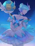  1girl alternate_costume artist_name ball blue_hair closed_eyes collar crossed_arms dress gem gloves highres league_of_legends looking_to_the_side miniskirt multicolored_hair night night_sky orianna_(league_of_legends) parasol_x768 purple_hair ribbon robot short_hair skirt sky solo sparkle star_(sky) star_(symbol) star_guardian_(league_of_legends) star_guardian_orianna starry_sky twitter_username 