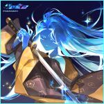  1girl absurdres blue_hair blue_skin closed_eyes closed_mouth colored_skin facing_viewer hands_up highres holding holding_sword holding_weapon long_hair long_sleeves original solo sword upper_body vexxxxa weapon 