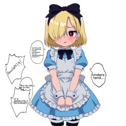  1girl absurdres akira_(hanakaji) alice's_adventures_in_wonderland alice_(alice_in_wonderland) alice_(alice_in_wonderland)_(cosplay) apron black_bow black_bowtie blonde_hair blue_dress blush bow bowtie commentary cosplay dress english_commentary english_text hair_bow hair_over_one_eye hanakaji_(yuuchanto) highres loli looking_to_the_side maid_apron open_mouth original pantyhose puffy_short_sleeves puffy_sleeves red_eyes short_hair short_sleeves simple_background solo speech_bubble standing straight-on striped_clothes striped_pantyhose sweatdrop white_apron white_background 