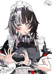  1girl absurdres apron black_dress black_hair candy cosplay dress ellen_joe ellen_joe_(cosplay) food food_in_mouth grey_hair heart heart_hands highres hololive hololive_english lollipop lollipop_in_mouth long_hair multicolored_hair purple_nails shiori_novella simple_background solo split-color_hair thecatborg two-tone_hair virtual_youtuber waist_apron white_apron white_background yellow_eyes zenless_zone_zero 