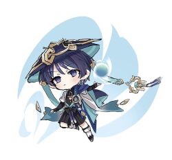  1boy :< arm_at_side armor black_bodysuit black_bow black_bridal_gauntlets black_hair black_sandals black_shorts blue_cape blue_gem blue_hat blue_jingasa blue_kimono blue_sleeves blunt_ends blush bodysuit bow bridal_gauntlets bright_pupils cape chibi chibi_only choppy_bangs closed_mouth commentary_request eyeliner feathers full_body furisode gem genshin_impact gold hakama hakama_shorts hand_up hat japanese_armor japanese_clothes jingasa juban kimono kote kurokote layered_sleeves leg_warmers leo2kh looking_at_viewer makeup male_focus mandarin_collar open_clothes open_hands open_kimono pleated_shorts pom_pom_(clothes) red_eyeliner sandals scaramouche_(genshin_impact) short_sleeves shorts side_cape solo tassel toes violet_eyes vision_(genshin_impact) vortex wanderer_(genshin_impact) white_background white_kimono white_leg_warmers white_pupils white_sleeves yellow_feathers zouri 