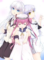  3girls :d ^_^ angel_beats! arm_hug ascot black_ascot black_skirt blue_eyes blunt_ends blush closed_eyes closed_mouth collared_shirt commentary_request company_connection cosplay costume_switch cowboy_shot crossover dress dress_ribbon expressionless eyes_visible_through_hair facing_viewer fang hair_behind_ear hair_between_eyes hair_ornament hairclip hand_up hands_up happy hat highres jacket katou_umi long_hair look-alike looking_ahead looking_at_viewer miniskirt multiple_girls naruse_shiroha naruse_shiroha_(cosplay) neck_ribbon nose open_mouth parallel_hairclips pink_hair puffy_short_sleeves puffy_sleeves ribbon sailor_dress sailor_hat school_uniform serafuku shirt short_sleeves simple_background skirt sleeveless sleeveless_dress smile straight_hair summer_pockets summer_pockets_school_uniform t_kutkut tachibana_kanade tachibana_kanade_(cosplay) two_side_up very_long_hair white_background white_dress white_hat white_serafuku white_shirt white_skirt yellow_eyes yellow_jacket yellow_ribbon 