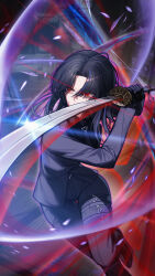  1girl absurdres afterimage belt black_gloves black_hair black_shirt commentary eye_trail fighting_stance full_body gloves glowing glowing_eyes highres holding holding_sword holding_weapon indoors jacket light_trail limbus_company long_hair long_sleeves motion_blur multicolored_hair necktie ootachi ox_guard pants parted_bangs pinky_(identity)_(project_moon) project_moon purple_jacket purple_necktie purple_pants purple_streaks red_eyes ryoshu_(project_moon) shirt slashing solo streaked_hair suit sword thigh_belt thigh_strap weapon zerobig 