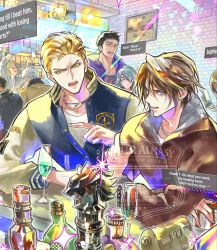  2girls 6+boys alcohol bandeau bar_(place) black_hair black_jacket blonde_hair blue_eyes bottle brick_wall brown_hair brown_jacket dark-skinned_male dark_skin eni_(yoyogieni) eyepatch final_fantasy final_fantasy_viii fujin_(ff8) fur-trimmed_jacket fur_trim green_eyes grey_hair hair_between_eyes hair_slicked_back highres jacket jewelry kiros_seagill letterman_jacket male_focus multiple_boys multiple_girls necklace open_mouth parted_lips raijin_(ff8) scar scar_on_face scar_on_forehead seifer_almasy selphie_tilmitt shirt short_hair silver_necklace squall_leonhart sweatdrop twintails upper_body video_game_dialogue_box ward_zabac white_bandeau white_shirt zell_dincht 