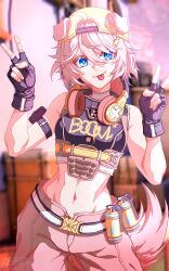  1girl absurdres animal_ears backwards_hat baggy_pants belt blue_eyes blurry blurry_background brown_hair commentary cosplay dog_ears dog_girl dog_tail english_commentary explosive fingerless_gloves fish_hair_ornament fluffy_hair fluffy_tail gloves grenade hair_between_eyes hair_ornament hairclip hat headphones highres indie_virtual_youtuber looking_at_viewer misoyan navel noob_noobington pants pixel_art self-upload short_hair signature solo sparkle sparkling_eyes tail toned toned_female tongue tongue_out v valorant virtual_youtuber watermark 