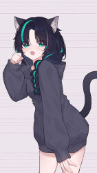  1girl animal_ear_fluff animal_ears aqua_streaks black_hair braid cat_ears cat_girl cat_tail chinese_commentary commentary_request fang green_eyes grey_background grey_hoodie highres hood hood_down hoodie kemonomimi_mode long_hair long_sleeves multicolored_hair open_mouth original single_braid skin_fang solo streaked_hair tail yun_cao_bing 