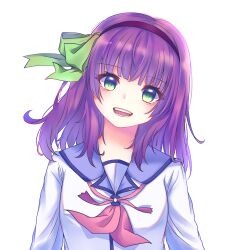  1girl :d absurdres angel_beats! blue_sailor_collar blunt_bangs bow commentary eyelashes eyes_visible_through_hair green_bow green_eyes green_pupils hair_bow hairband head_tilt highres kanayell long_sleeves looking_at_viewer medium_hair nakamura_yuri neckerchief open_mouth pink_neckerchief purple_hair purple_hairband sailor_collar sailor_shirt shinda_sekai_sensen_uniform shirt sidelocks simple_background smile solo straight_hair teeth upper_body white_background white_shirt 
