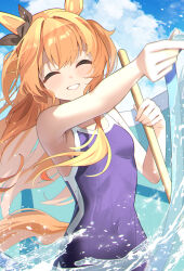  animal_ears bare_arms bare_shoulders blue_one-piece_swimsuit blush bow breasts brown_ribbon closed_eyes commentary_request competition_school_swimsuit covered_navel ear_bow ear_ribbon facing_viewer hair_between_eyes highres holding horse_ears horse_girl horse_tail long_hair mayano_top_gun_(umamusume) meyamu one-piece_swimsuit open_mouth orange_hair orange_tail pool ribbon school_swimsuit single_vertical_stripe small_breasts smile solo swimsuit tail tracen_swimsuit two_side_up umamusume water 