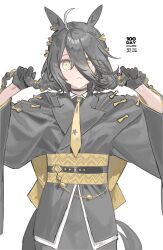  1girl absurdres adapted_costume ahoge animal_ears black_choker black_gloves black_hair black_kimono choker city_(nnnnnnn_100) closed_mouth coat collared_shirt commentary_request frown gloves hair_between_eyes hair_ornament highres horse_ears horse_girl horse_tail japanese_clothes kimono long_hair long_hair_between_eyes long_sleeves looking_at_viewer manhattan_cafe_(creeping_shadow)_(umamusume) manhattan_cafe_(umamusume) multicolored_hair necktie shirt solo tail umamusume white_hair yellow_eyes yellow_necktie 