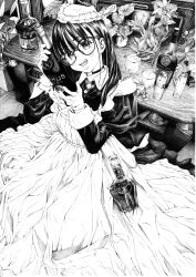  1girl absurdres alcohol apron bottle commentary_request cup dress drinking_glass flower gagaimo glasses hatching_(texture) highres holding holding_bottle indoors long_hair long_sleeves looking_at_viewer maid on_floor open_mouth original plant potted_plant sitting solo traditional_media 