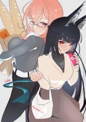  2girls animal_ears black_hair blunt_bangs blush commentary_request food fox_ears fox_girl glasses grey_background hoshimi_miyabi lilyheart548 long_hair multiple_girls pink_eyes pink_hair red_eyes sidelocks simple_background smile tsukishiro_yanagi yuri zenless_zone_zero 