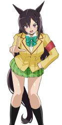  1girl animal_ears black_hair black_socks blazer bow bowtie breasts collared_shirt commentary_request cosplay enukee feet_out_of_frame green_bow green_bowtie green_skirt hair_between_eyes hair_ornament hairclip highres horse_ears horse_girl jacket kotegawa_yui kotegawa_yui_(cosplay) long_hair looking_at_viewer medium_breasts mejiro_dober_(umamusume) open_mouth pleated_skirt pointing pointing_at_viewer sainan_high_school_uniform school_uniform shirt simple_background skirt socks solo to_love-ru umamusume violet_eyes white_background white_shirt yellow_jacket 