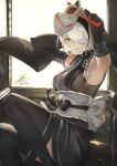  1girl armpits blue_eyes breasts dress elbow_gloves fadingz fox_mask gloves hairband highres japanese_clothes kimono long_hair looking_at_viewer mask medium_breasts mole mole_under_mouth nier_(series) nier_automata nier_reincarnation official_alternate_costume short_hair short_kimono solo thigh-highs white_hair yorha_no._2_type_b 