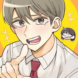  1boy 1girl angry black_hair brown_eyes brown_hair chibi chibi_inset collared_shirt commentary_request futsuu_no_keion-bu hatono_chihiro highres laughing mera0802 necktie pointing red_necktie shirt short_hair single_tear solo_focus takami_kouki white_shirt yellow_background 