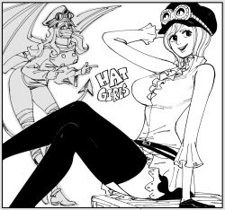  2girls absurdres bb_(baalbuddy) commentary demon_tail demon_wings english_commentary english_text eyewear_on_headwear feet_out_of_frame gloves greyscale highres koala_(one_piece) long_sleeves monochrome multiple_girls nico_robin one_piece short_hair sitting tail thigh-highs wings 