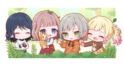  4girls acorn aged_down animal arm_at_side atataka_na_omoide_o_tadotte_(project_sekai) black_hair blonde_hair blue_eyes blue_shirt blunt_bangs border brown_hair brown_shirt bush chibi child closed_eyes closed_mouth commentary dirty dirty_clothes dog dot_nose drawstring dress gradient_hair green_eyes grey_hair hand_up highres hinomori_shiho holding holding_acorn holding_animal holding_dog hood hood_down hoodie hoshino_ichika_(project_sekai) leaf leo/need_(project_sekai) long_sidelocks long_sleeves mochizuki_honami multicolored_hair multiple_girls open_mouth orange_hoodie outside_border outstretched_arms oyasumirakko parted_lips pink_hair plant project_sekai red_dress shirt short_hair sidelocks smile swept_bangs tenma_saki tree twintails untranslatable_commentary welsh_corgi white_border white_shirt yellow_dress 