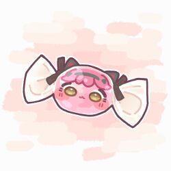  1girl :3 black_bow blush_stickers bow candy chibi chibi_only closed_mouth commentary_request food full_body hair_bow korean_commentary lupa_(wuthering_waves) monyami outline pink_background pink_hair short_hair solo white_outline wrapped_candy wuthering_waves yellow_eyes 