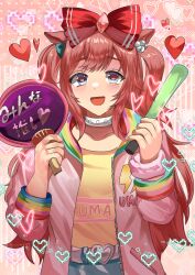  1girl agnes_digital_(casual)_(umamusume) agnes_digital_(umamusume) animal_ears blue_eyes blue_sealad blush bow casual collarbone commentary glowstick hair_bow hand_fan hand_fan_writing heart heart_in_eye heisei_retro holding holding_fan holding_glowstick horse_ears horse_girl jacket jojifuku long_hair looking_at_viewer open_mouth paper_fan penlight_(glowstick) pink_hair pink_jacket red_bow shirt smile solo symbol_in_eye two_side_up uchiwa umamusume yellow_shirt 
