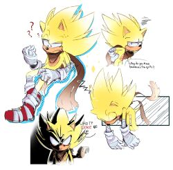  1boy ? animal_ears animal_nose bandages brown_scarf closed_mouth english_text furry furry_male gloves gradient_background gradient_hair highres looking_at_viewer male_focus meme multicolored_hair nugget_pudding prowler_goku_(meme) red_eyes red_shoes scarf scowl shoes solo sonic_(series) sonic_boom_(series) sonic_the_hedgehog speech_bubble super_sonic tail white_gloves yellow_fur 