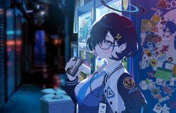  1girl black_hair blue-framed_eyewear blue_archive blue_eyes blue_halo blue_shirt blue_theme blurry blurry_background breasts can canned_coffee chihiro_(blue_archive) cool_colored depth_of_field drink_can from_side game_asset glasses hair_ornament hairclip hallway halo highres holding holding_can id_card jacket kokosando lanyard large_breasts letterman_jacket looking_ahead millennium_science_school_logo nazomaki_(blue_archive) night non-web_source official_art peroro_(blue_archive) round_eyewear self-datamine shirt short_hair sticker upper_body vending_machine white_jacket 