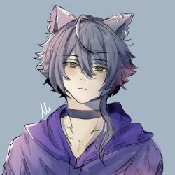  1boy ahoge arknights atialf_23 blue_background blue_hair blue_shirt closed_mouth collar hair_between_eyes hair_over_shoulder half-closed_eyes head_tilt highres hood hood_down infection_monitor_(arknights) portrait shirt tail vigil_(arknights) vigil_(the_other_side_of_siracusa)_(arknights) wolf_boy wolf_tail yellow_eyes 