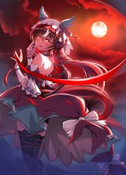  1girl animal_ears bare_shoulders black_thighhighs blush bow breasts brown_hair clouds commentary detached_sleeves dress duplicate ear_covers ear_ribbon full_moon hair_between_eyes hair_ornament heart highres horse_ears horse_girl horse_tail long_hair looking_at_viewer moon multicolored_hair open_mouth pixel-perfect_duplicate red_eyes red_ribbon ribbon shinohara_shinome sky small_breasts smile solo still_in_love_(scarlet_vow_raiment)_(umamusume) still_in_love_(umamusume) streaked_hair tail thigh-highs umamusume veil white_bow white_streaks white_veil 