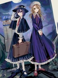  2girls belt black_capelet black_hair black_hat black_shoes black_skirt blonde_hair bow briefcase brown_eyes capelet collared_dress collared_shirt commentary_request dress frilled_dress frilled_skirt frills full_body hand_on_own_hat hat hat_bow highres holding holding_briefcase long_skirt long_sleeves maribel_hearn mary_janes medium_hair mob_cap multiple_girls neck_ribbon necktie purple_dress red_necktie red_ribbon red_shoes ribbon ribbon-trimmed_capelet ribbon-trimmed_skirt ribbon_trim shirt shirt_tucked_in shoes sign signature skirt smile standing star_(sky) tie_clip touhou usami_renko white_bow white_hat yatsushiki_shigi yellow_eyes 