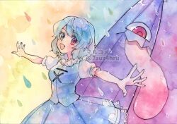  1girl 2zuz4hru blue_hair blue_skirt blue_vest breasts closed_umbrella commentary_request green_eyes heterochromia karakasa_obake looking_at_viewer medium_breasts open_mouth outstretched_arms painting_(medium) puffy_short_sleeves puffy_sleeves purple_umbrella rainbow_background red_eyes shirt short_hair short_sleeves skirt smile solo spread_arms tatara_kogasa touhou traditional_media umbrella vest watercolor_(medium) white_shirt 