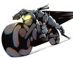  1boy absolute_batman absolute_dc back_spikes bat_mask batman batman_(absolute_dc) batman_(series) batman_symbol bodysuit codename_ink98 commentary dc_comics english_commentary grey_bodysuit highres male_focus motor_vehicle motorcycle on_motorcycle solo superhero_costume taut_bodysuit 