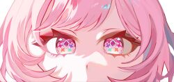  1girl commentary cyrene_(demiurge)_(honkai:_star_rail) cyrene_(honkai:_star_rail) diamond-shaped_pupils diamond_(shape) eye_focus highres honkai:_star_rail honkai_(series) looking_at_viewer maomavika pink_hair simple_background solo symbol-shaped_pupils untranslatable_commentary violet_eyes white_background 