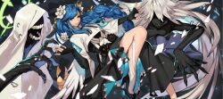  1girl angel_wings asymmetrical_legwear black_background black_dress blue_hair braid braided_ponytail breasts crop_top dizzy_(guilty_gear) dress english_commentary fingerless_gloves flower front_slit gloves guilty_gear guilty_gear_strive hair_flower hair_ornament halo hankuri high_heels large_breasts long_hair low-tied_long_hair necro_(guilty_gear) official_art open_mouth pink_nails queen_dizzy red_eyes ribbon sidelocks simple_background smile solo spiked_halo swept_bangs tail tail_ornament tail_ribbon undine_(guilty_gear) wings 